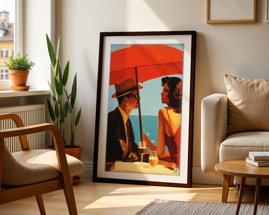 Seaside Café Wall Art | Romantic Couple Art Print | Red Umbrella Coastal Decor | Jacque  | Vintage  Beach House Poster