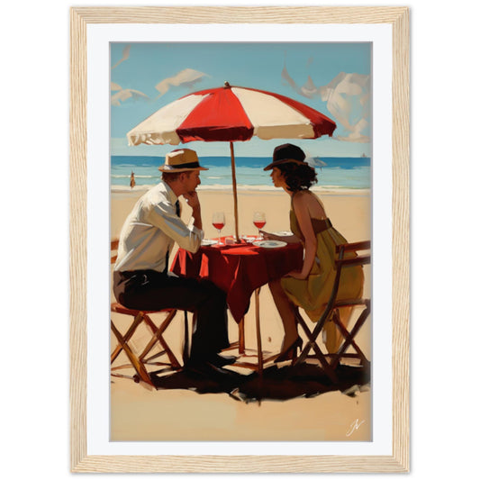 Beach Cafe Wall Art | Romantic Couple Art Print | Coastal Dining Room Decor | Jacque Drinks at the Beach | Vintage Seaside Framed
