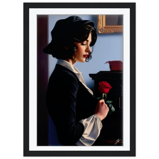 Framed Vintage Portrait | Jacque – Rose Elegant Woman Art Print | Romantic Red Rose Decor | Cinematic Moody Wall Art | Framed Poster