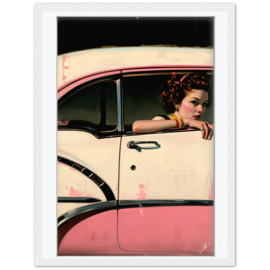 Framed Pink Cadillac Art | Jacque Coastal Wall Art | Vintage Car Print | Retro Seaside Decor | Retro Travel Poster