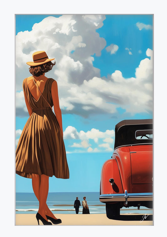 Framed Coastal Wall Art | Red Days Vintage Car Print | Beach Drive Decor | Retro Travel Poster | Ocean Sky A4 A3 Print