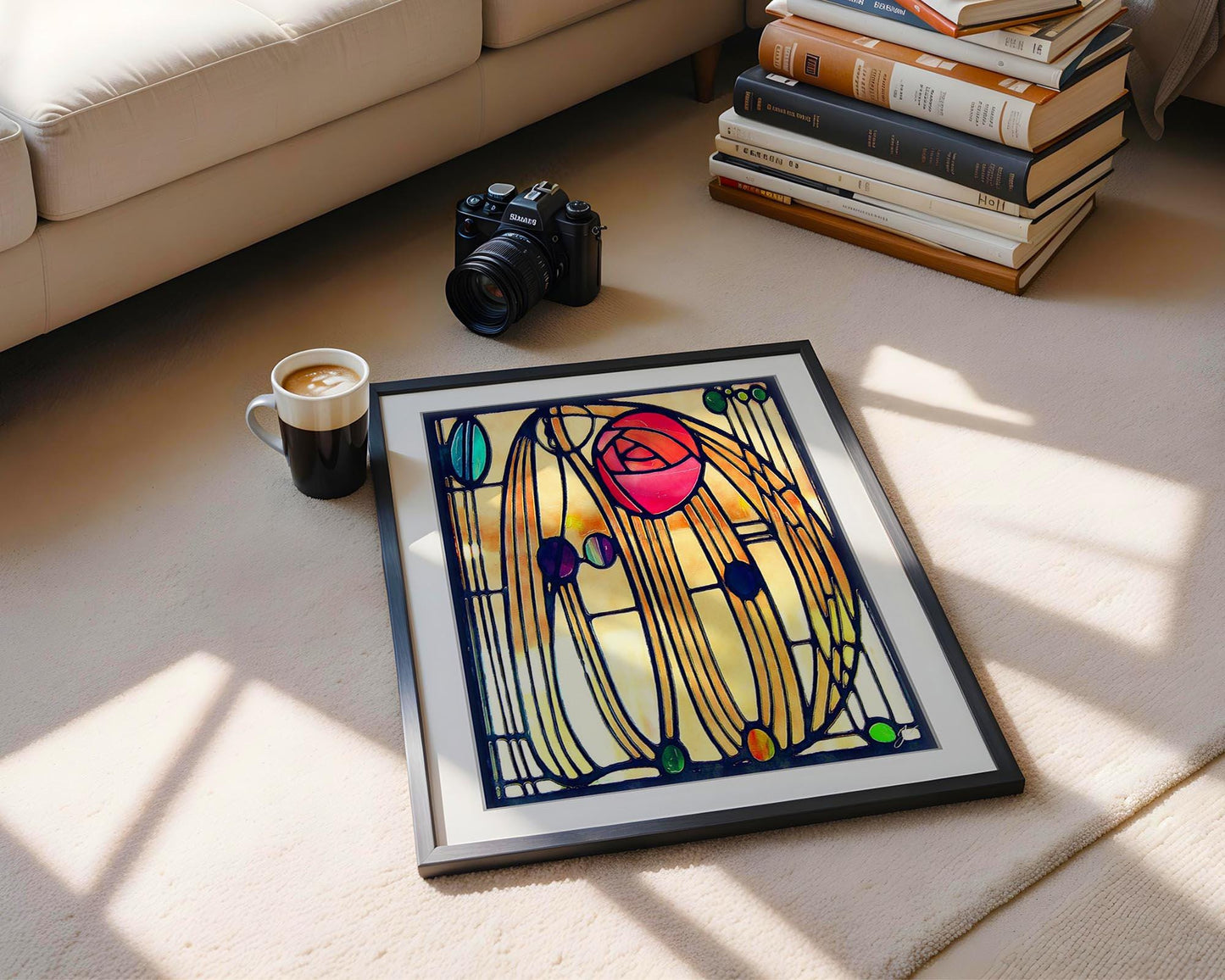 Framed Art Nouveau Rose | Montrose Rose Stained Glass Print | Floral Wall Decor | Jacque Art Print | Romantic Pink Rose Poster