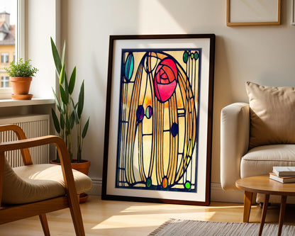 Framed Art Nouveau Rose | Montrose Rose Stained Glass Print | Floral Wall Decor | Jacque Art Print | Romantic Pink Rose Poster