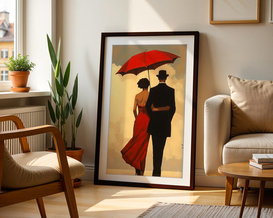 Framed Red Umbrella Art | Romantic Couple Print | Vintage Wall Decor | Jacque In Love Poster | Anniversary Gift | Cinematic Wall Decor