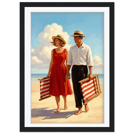 Jacque Finding the Perfect Spot Beach Print, Mid Century Modern Wall Art, Retro Coastal Couple Illustration, Framed Giclee Art, Summer Decor