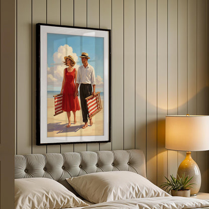 Jacque Finding the Perfect Spot Beach Print, Mid Century Modern Wall Art, Retro Coastal Couple Illustration, Framed Giclee Art, Summer Decor