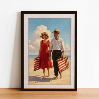 Jacque Finding the Perfect Spot Beach Print, Mid Century Modern Wall Art, Retro Coastal Couple Illustration, Framed Giclee Art, Summer Decor