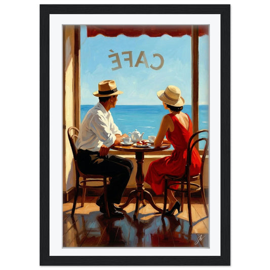 Jacque Tea for Two Vintage Seaside Café Print, Mid Century Modern Wall Art, Retro Coastal Couple, Framed Giclee Art, Summer Decor