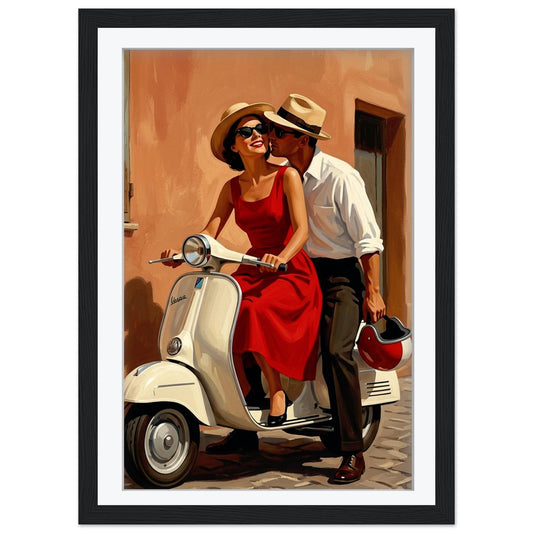 Jacque The Italian Escape Vintage Vespa Print, Mid Century Modern Wall Art, Romantic Couple Illustration, Framed Giclee Art, Italy Decor