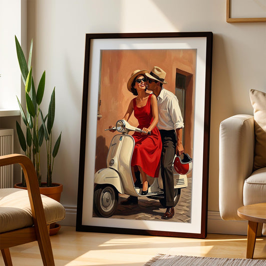 Jacque The Italian Escape Vintage Vespa Print, Mid Century Modern Wall Art, Romantic Couple Illustration, Framed Giclee Art, Italy Decor