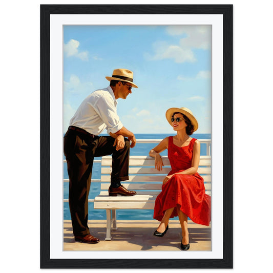 Jacque The Sun-Drenched Secret Vintage Beach Print, Mid Century Modern Wall Art, Retro Coastal Couple Illustration, Framed Giclee Art