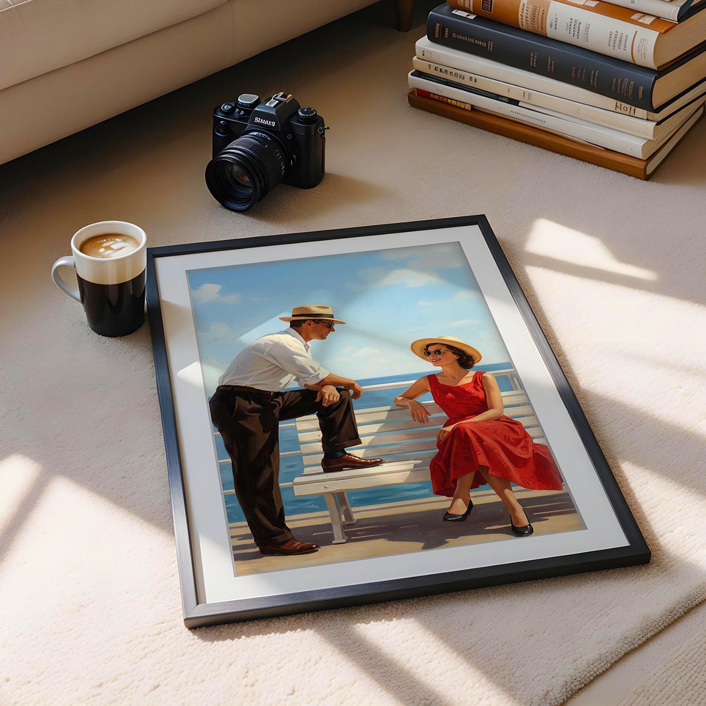Jacque The Sun-Drenched Secret Vintage Beach Print, Mid Century Modern Wall Art, Retro Coastal Couple Illustration, Framed Giclee Art
