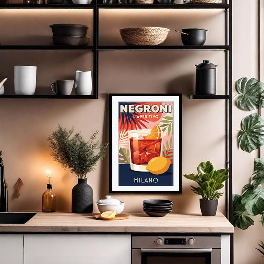 Negroni Cocktail Poster, Vintage Italian Art Print, Retro Bar Cart Decor, Mid Century Modern Kitchen Wall Art, Aperitivo Milano Giclee Print