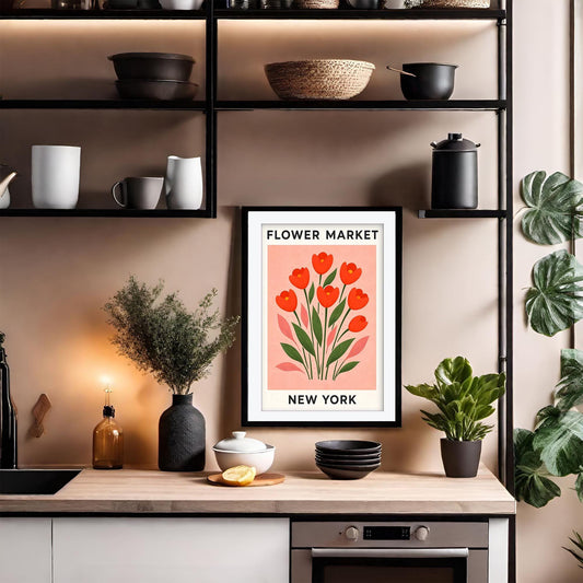 New York Flower Market Print, Floral Kitchen Wall Art, Eclectic Botanical Poster, Colorful Flower Market Art, NYC Decor, Framed Giclee Print