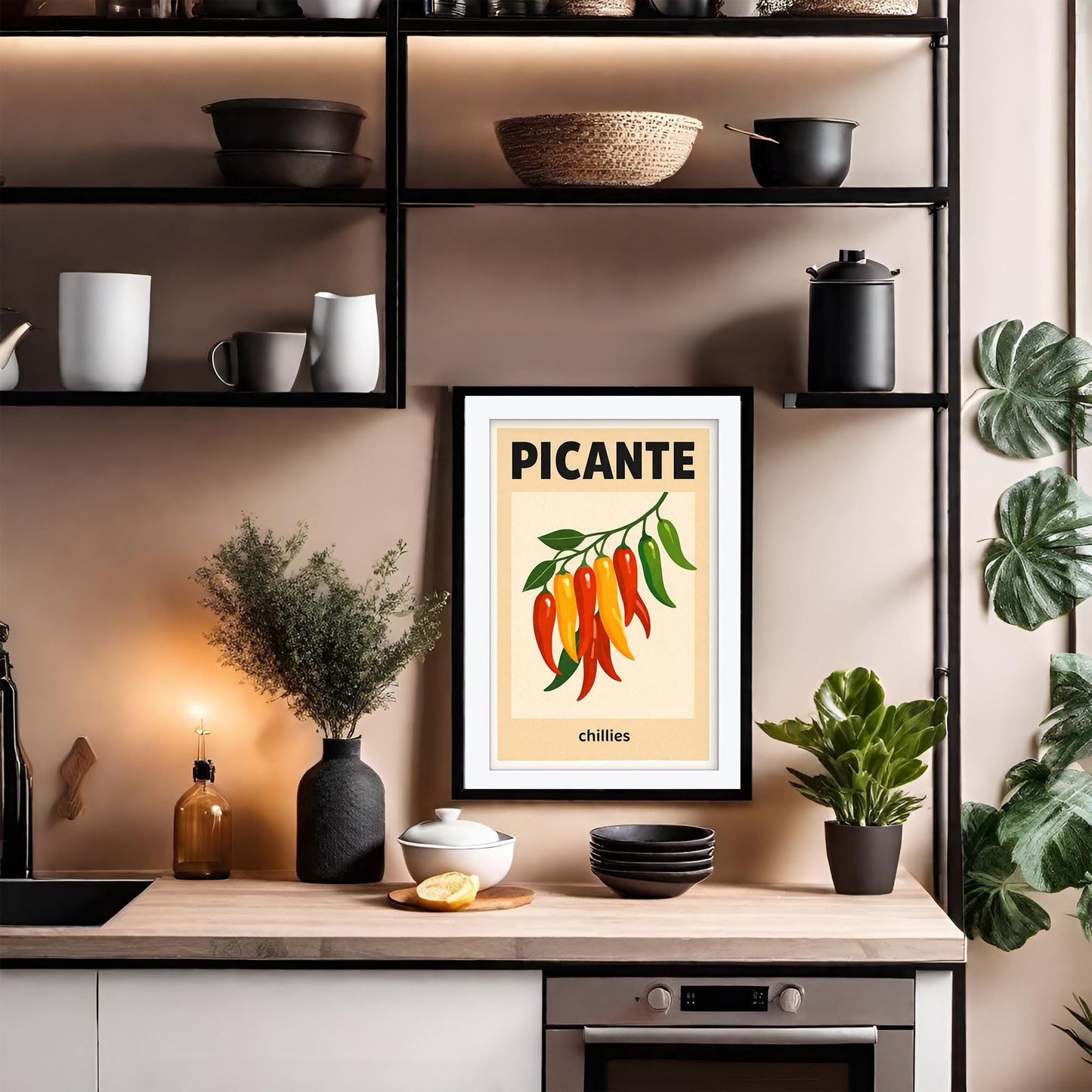 Picante Chilli Art Print, Spicy Kitchen Wall Art, Retro Red Chili Poster, Eclectic Kitchen Decor, Mexican Food Art, Giclee Print, Framed Art