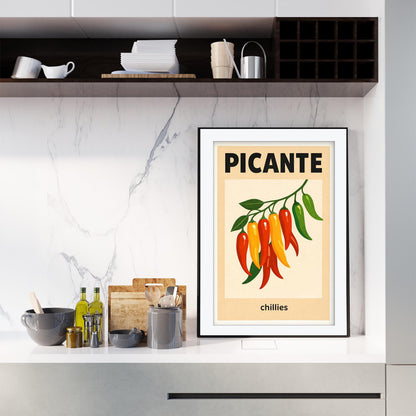 Picante Chilli Art Print, Spicy Kitchen Wall Art, Retro Red Chili Poster, Eclectic Kitchen Decor, Mexican Food Art, Giclee Print, Framed Art