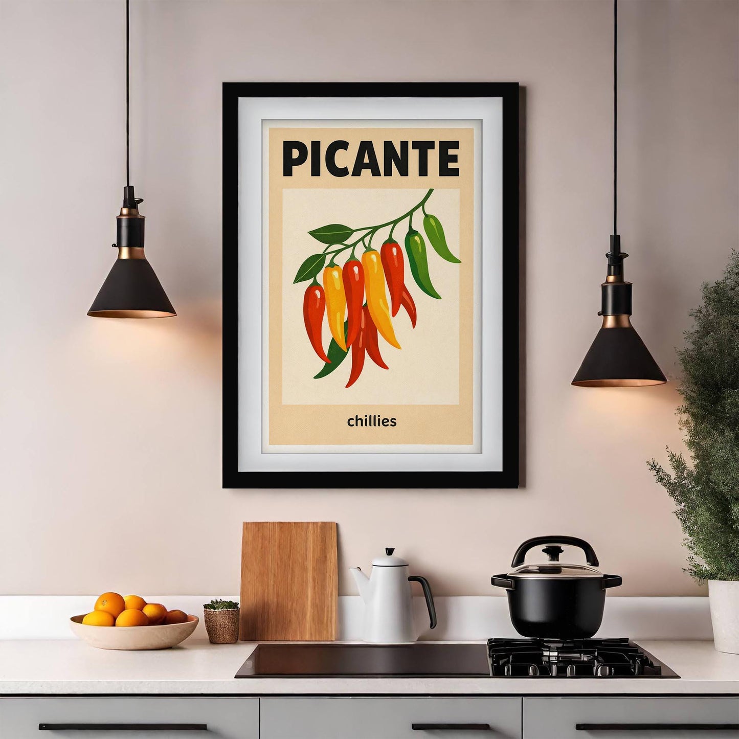 Picante Chilli Art Print, Spicy Kitchen Wall Art, Retro Red Chili Poster, Eclectic Kitchen Decor, Mexican Food Art, Giclee Print, Framed Art