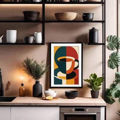 Mid Century Coffee Cup Print, Bauhaus Kitchen Wall Art, Retro Abstract Coffee Poster, Minimalist Cafe Decor, Framed Giclee Art, Coffee Gift