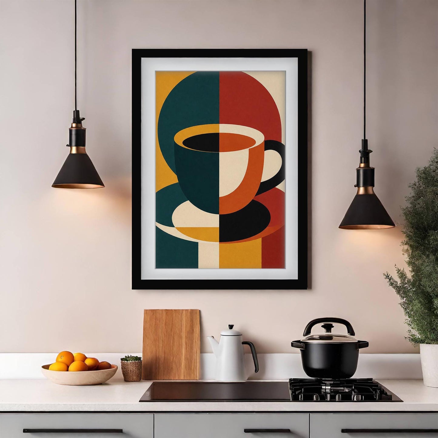 Mid Century Coffee Cup Print, Bauhaus Kitchen Wall Art, Retro Abstract Coffee Poster, Minimalist Cafe Decor, Framed Giclee Art, Coffee Gift