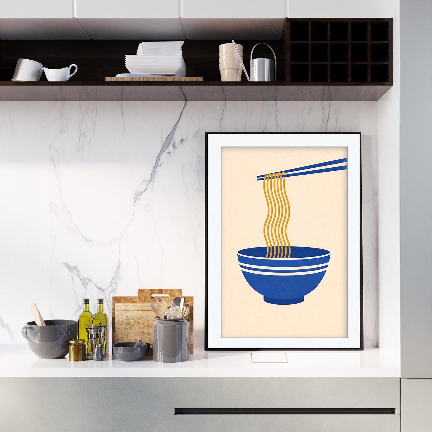 Ramen Noodles Art Print, Minimalist Japanese Kitchen Wall Art, Blue Bowl Noodle Poster, Modern Asian Food Decor, Framed Giclee Dining Art