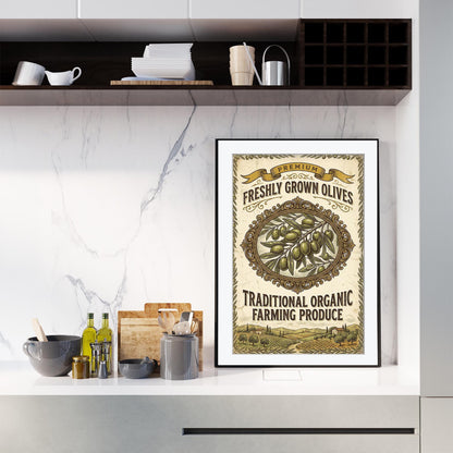 Premium Olive Art Print, Retro Italian Kitchen Poster, Organic Produce Wall Art, Mediterranean Dining Decor, Framed Giclee Art, Foodie Gift