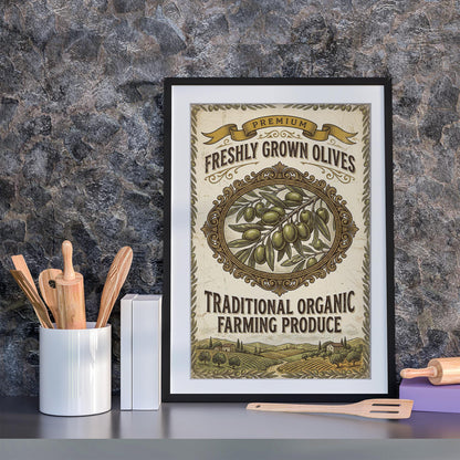 Premium Olive Art Print, Retro Italian Kitchen Poster, Organic Produce Wall Art, Mediterranean Dining Decor, Framed Giclee Art, Foodie Gift