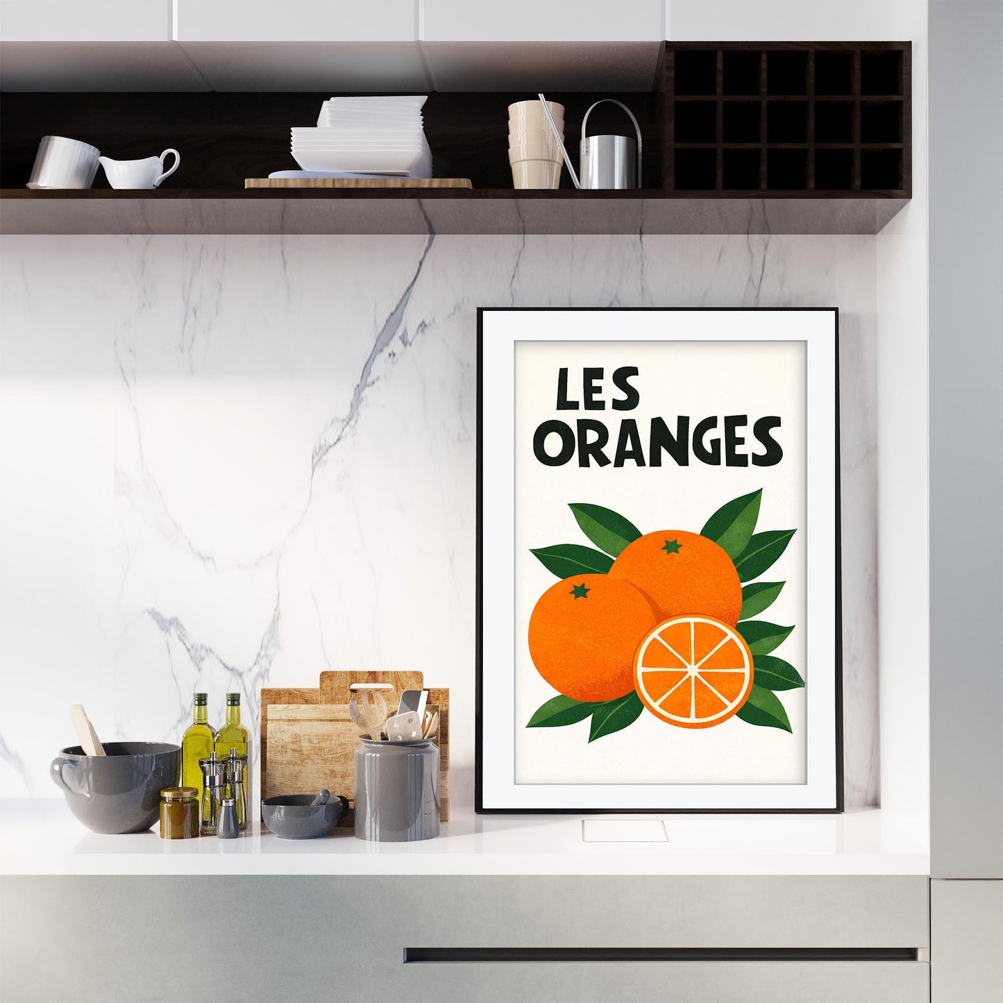 Les Oranges French Art Print, Retro Citrus Kitchen Poster, Mid Century Orange Fruit Wall Art, Framed Giclee Print, Modern Dining Room Decor