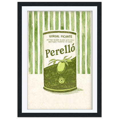 Perello Olive Art Print, Gordal Picante Tin Poster, Striped Italian Kitchen Wall Art, Spanish Foodie Gift, Framed Art, Retro Cafe Decor