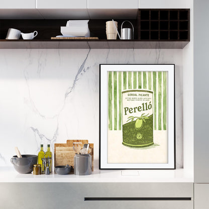 Perello Olive Art Print, Gordal Picante Tin Poster, Striped Italian Kitchen Wall Art, Spanish Foodie Gift, Framed Art, Retro Cafe Decor