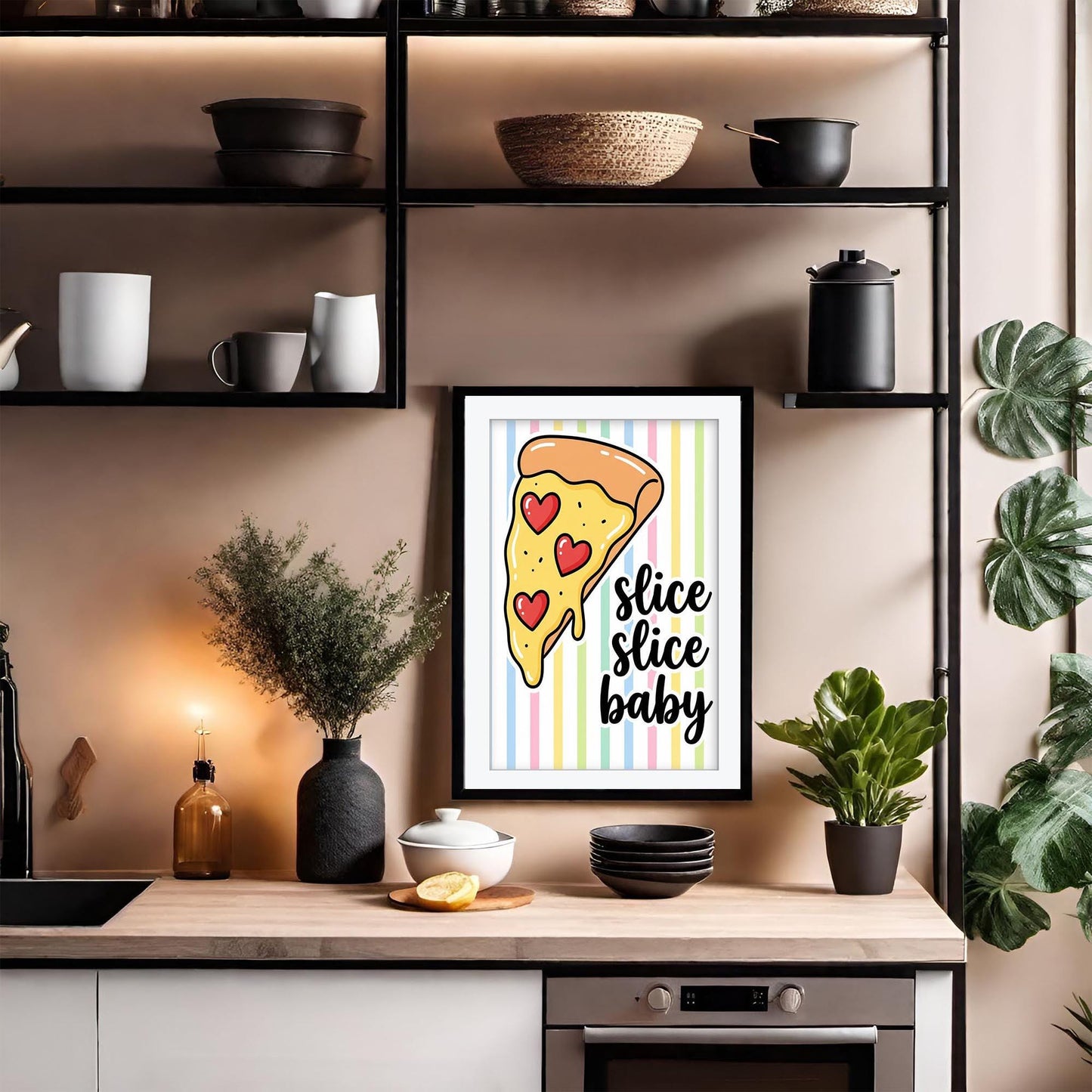 Slice Slice Baby Pizza Print, Retro Kitchen Wall Art, Funny Pizza Poster, Striped Italian Food Decor, Framed Giclee Art, Pizza Lover Gift