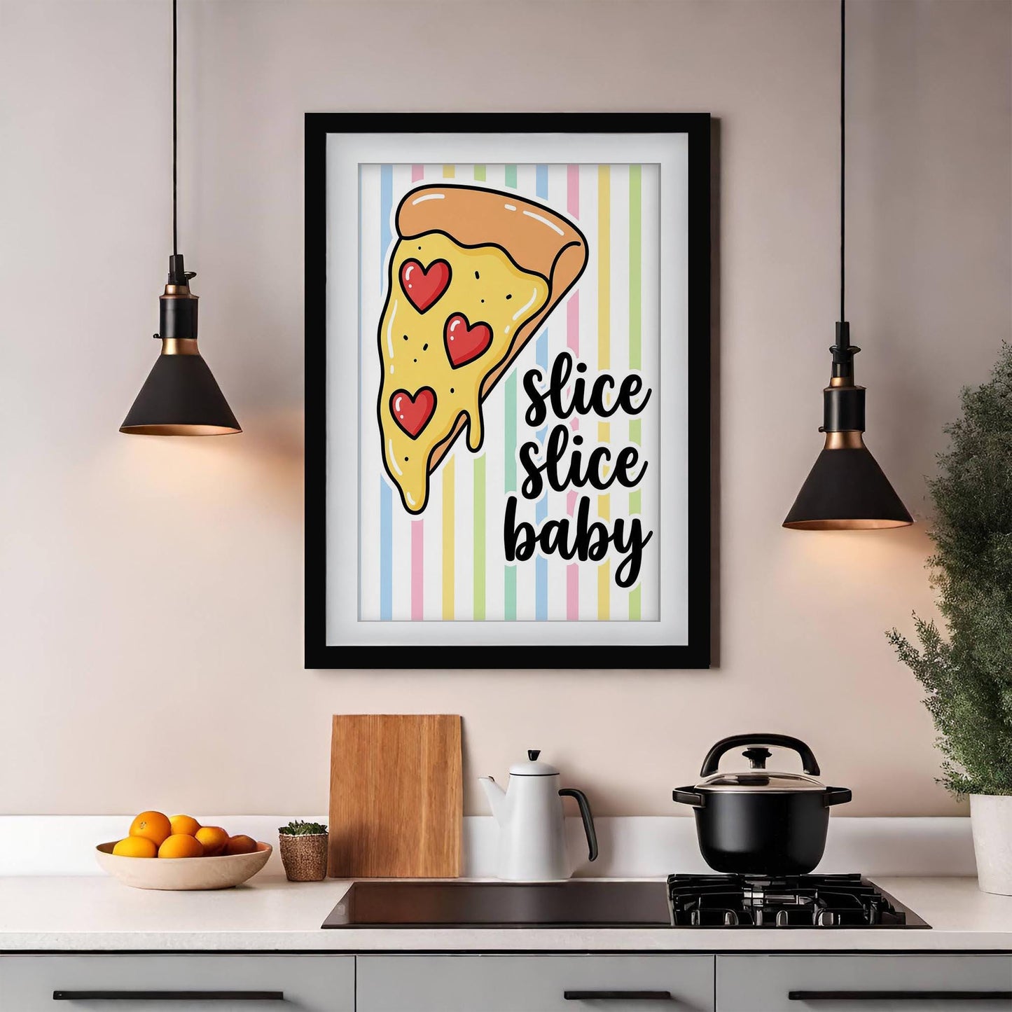 Slice Slice Baby Pizza Print, Retro Kitchen Wall Art, Funny Pizza Poster, Striped Italian Food Decor, Framed Giclee Art, Pizza Lover Gift
