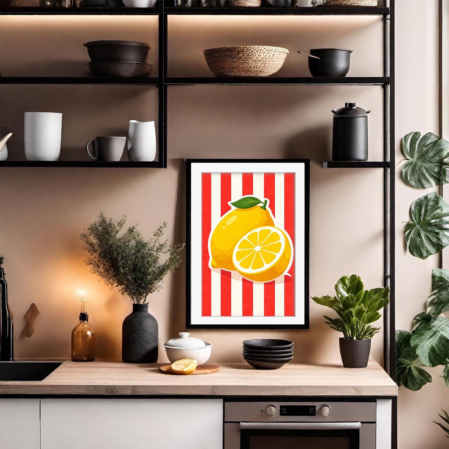 Sicilian Lemon Art Print, Retro Italian Kitchen Poster, Botanical Mediterranean Fruit Decor, Yellow Citrus Wall Art, Framed Giclee Print