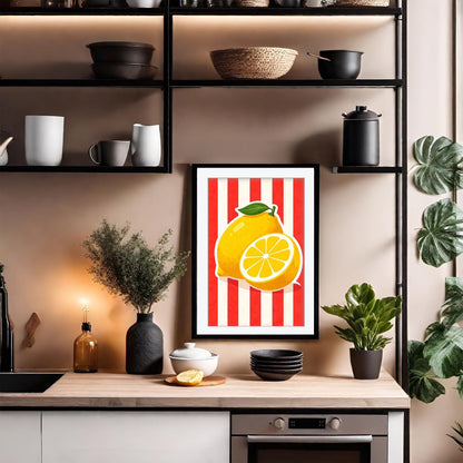 Sicilian Lemon Art Print, Retro Italian Kitchen Poster, Botanical Mediterranean Fruit Decor, Yellow Citrus Wall Art, Framed Giclee Print