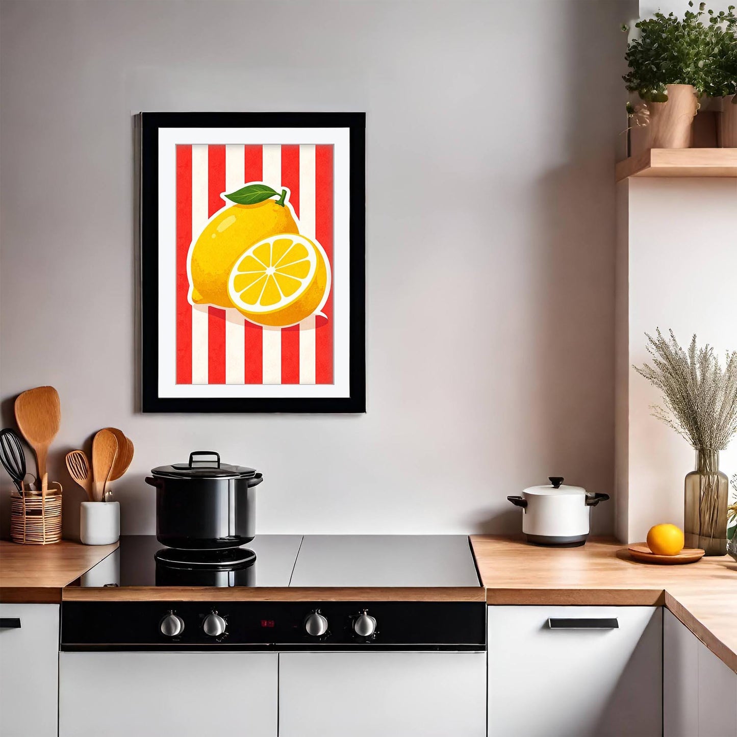 Sicilian Lemon Art Print, Retro Italian Kitchen Poster, Botanical Mediterranean Fruit Decor, Yellow Citrus Wall Art, Framed Giclee Print