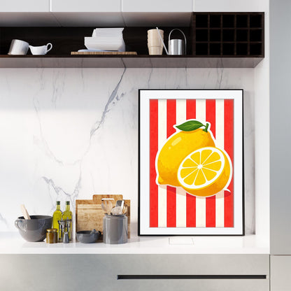 Sicilian Lemon Art Print, Retro Italian Kitchen Poster, Botanical Mediterranean Fruit Decor, Yellow Citrus Wall Art, Framed Giclee Print