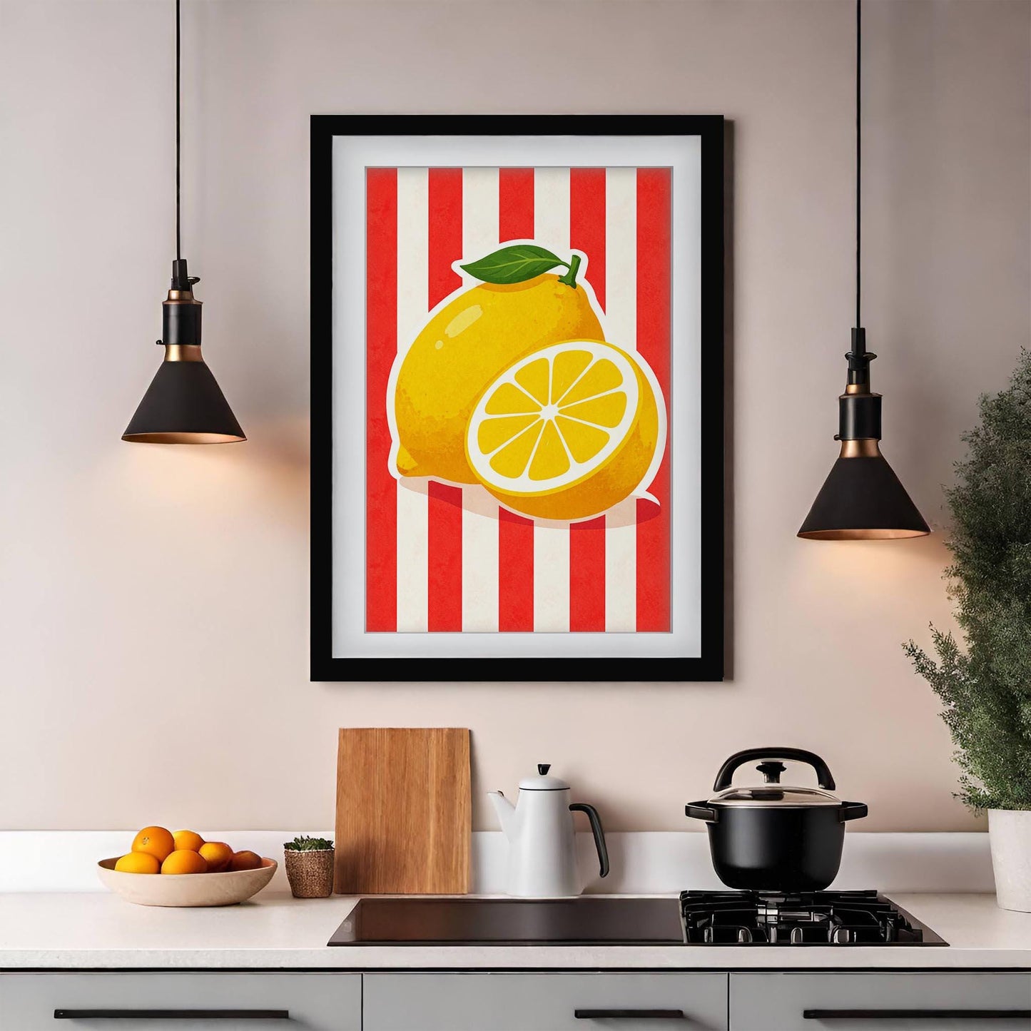 Sicilian Lemon Art Print, Retro Italian Kitchen Poster, Botanical Mediterranean Fruit Decor, Yellow Citrus Wall Art, Framed Giclee Print