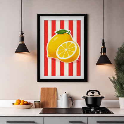 Sicilian Lemon Art Print, Retro Italian Kitchen Poster, Botanical Mediterranean Fruit Decor, Yellow Citrus Wall Art, Framed Giclee Print