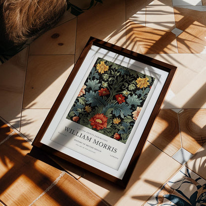 William Morris Bird & Anemone Print, Museum Exhibition Poster, Arts and Crafts Dark Botanical Wall Art, Paper Print, Framed  Art
