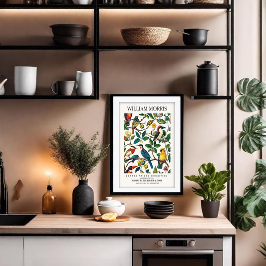 William Morris Exotic Bird Art Print, South Kensington Exhibition Poster, Vintage Botanical Wall Art, Tropical Avian Decor, Home Art