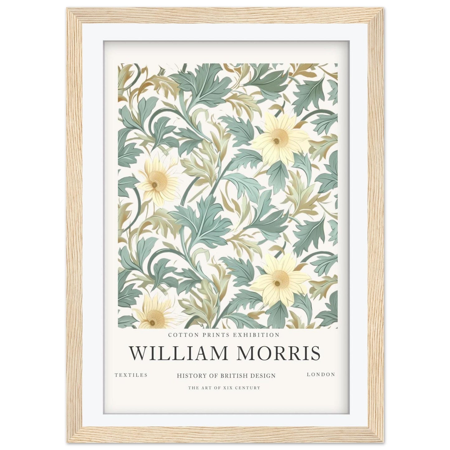William Morris Framed Wall Art, Sage Green and Yellow Floral Cotton Print Exhibition Poster, Arts and Crafts Botanical Decor, British Design