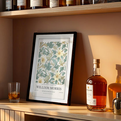 William Morris Framed Wall Art, Sage Green and Yellow Floral Cotton Print Exhibition Poster, Arts and Crafts Botanical Decor, British Design