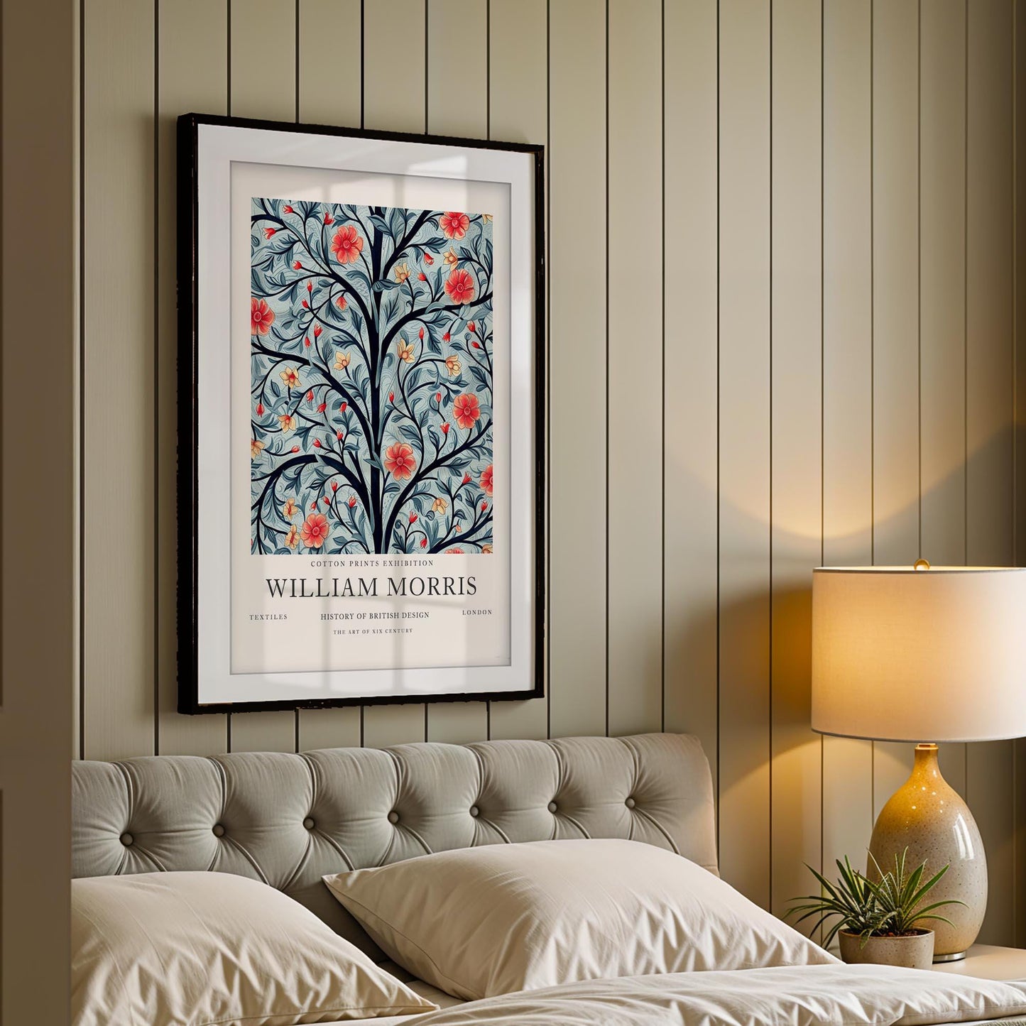 William Morris Framed Wall Art, Navy Tree of Life Floral Cotton Print Exhibition Poster, Arts and Crafts Botanical Decor, British Design