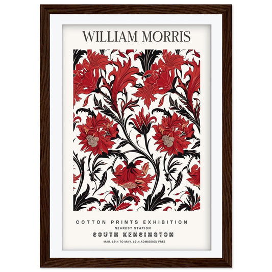 William Morris Framed Wall Art, Red and Black Floral Cotton Print South Kensington Exhibition Poster, Arts and Crafts Botanical Decor