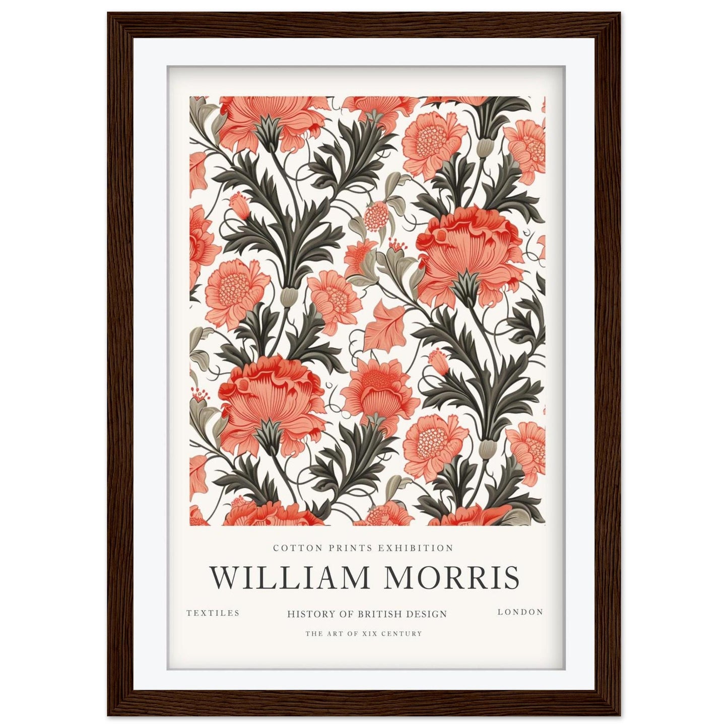 William Morris Framed Wall Art, Coral Carnation Floral Cotton Print Exhibition Poster, Arts and Crafts Botanical Decor, British Design
