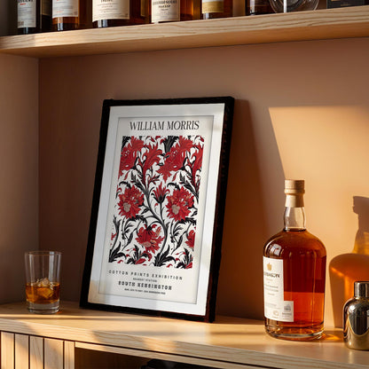 William Morris Framed Wall Art, Red and Black Floral Cotton Print South Kensington Exhibition Poster, Arts and Crafts Botanical Decor