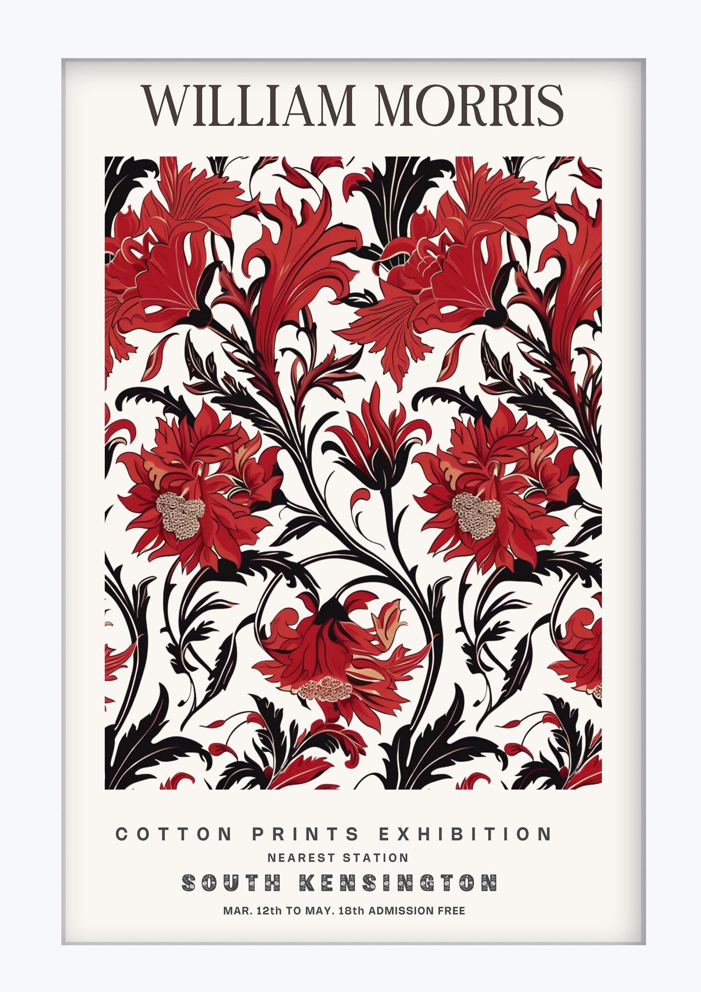 William Morris Framed Wall Art, Red and Black Floral Cotton Print South Kensington Exhibition Poster, Arts and Crafts Botanical Decor