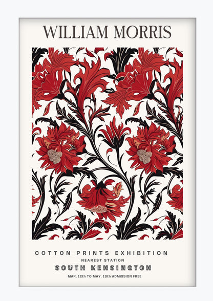 William Morris Framed Wall Art, Red and Black Floral Cotton Print South Kensington Exhibition Poster, Arts and Crafts Botanical Decor