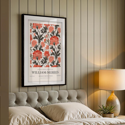 William Morris Framed Wall Art, Coral Carnation Floral Cotton Print Exhibition Poster, Arts and Crafts Botanical Decor, British Design