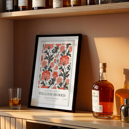 William Morris Framed Wall Art, Coral Carnation Floral Cotton Print Exhibition Poster, Arts and Crafts Botanical Decor, British Design