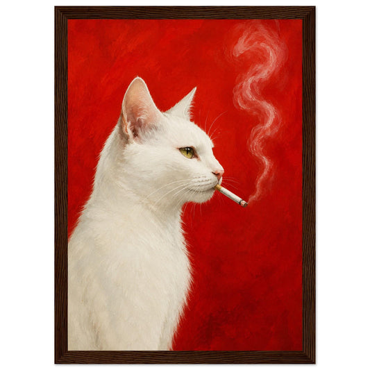 White Cat Smoking a Cigarette Vintage Poster Art Retro Whimsical Print Funny Animal Wall Decor Poster for Bar Cart Quirky Kitchen Wall Art